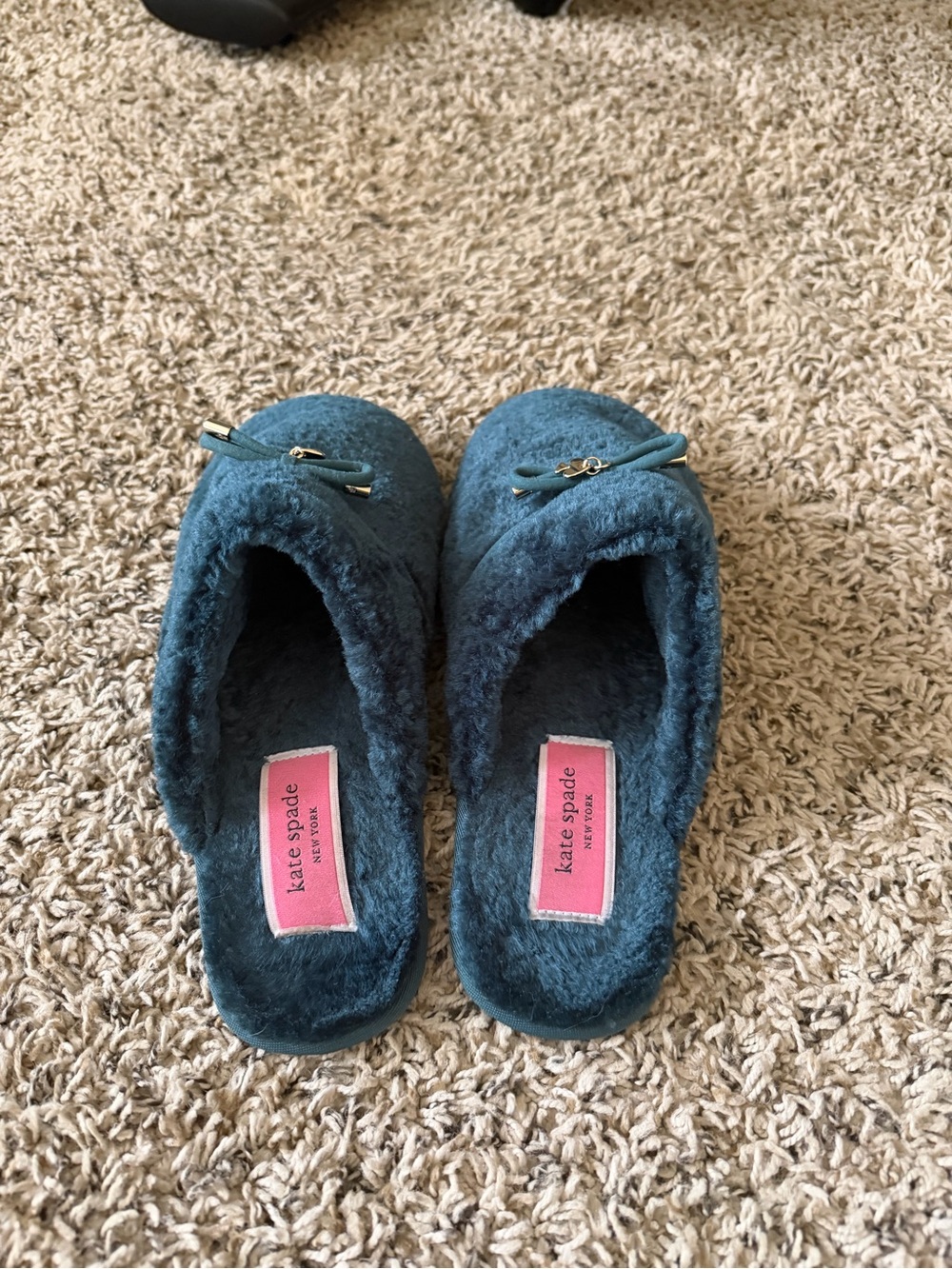 kate spade Plush Shearling Slide Slippers in Teal Blue with Bow Charm - Picture 2 of 4